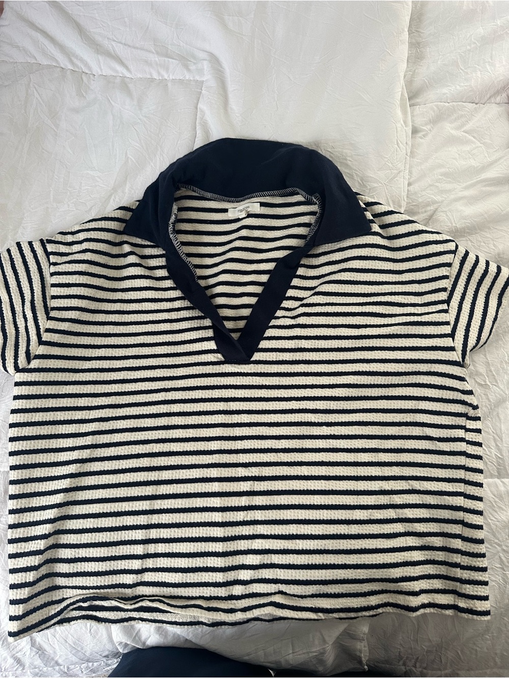 Maurices Navy and White Striped V-Neck Short Sleeve Sweater
